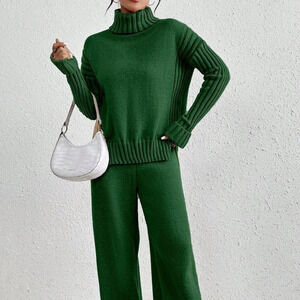 Dark Green Casual Women's Turtleneck Long Sleeve Top And Pants Set